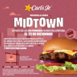 Promoción Carl’s Jr. Midtown: hamburguesa GRATIS a la semana a los 100 primeros por inauguración