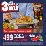 3 para mí en Chili’s: Sopa o ensalada + Plato fuerte + bebida por $199