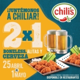 Promoción Chili’s: 2×1 en boneless, alitas y cervezas toda esta semana