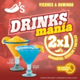 Drinks Manía Chilis: 2×1 en margaritas, cervezas y cocteles de viernes a domingo a partir de las 5:00 PM