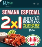 Promoción Chilis Wow de 2×1 en alitas y boneless del 29 de octubre al 3 de noviembre