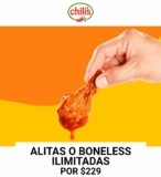 Chilis alitas o boneless ilimitados por $229 por persona