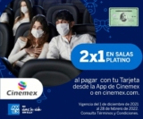 Cupón 2×1 Cinemex Platino al pagar con tarjetas American Express