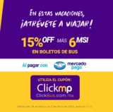 Cupón ClickBus 15% de descuento en boletos de autobús + 6 msi pagando con Mercado Pago