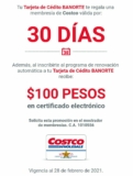 Promo Costco membresía Gratis por 30 días con tarjetas Banorte + $100 al renovar