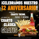 Promoción Cuarto de Kilo 12 Años: Compra un combo de Cuarto Tocino y llévate gratis una hamburguesa clásica
