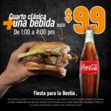 En Cuarto de Kilo llévate una hamburguesa clásica + bebida por $99 de lunes a viernes de 1:00 a 4:00 PM