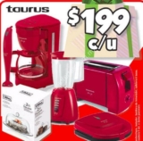 En Bodega Aurrerá electrodomésticos Taurus a $199 (licuadora, cafetera, sandwichera, etc.)