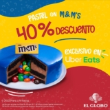 En El Globo 40% de descuento en pastel M&M’s petit por Uber Eats este fin de semana