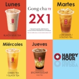 Happy Hour Gong Cha: 2×1 en bebidas participantes de lunes a jueves de 11:00 AM a 2:00 PM
