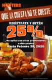 Cupón Hooters de 25% de descuento en el total de tu cuenta