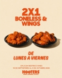 Promoción Hooters: 2×1 en boneless y alitas de lunes a viernes hasta el 9 de octubre 2026