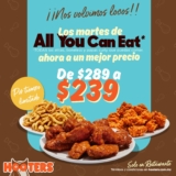 Promoción Hooters Martes de todas las alitas, boneless y papas curly que puedas comer baja de precio a $239