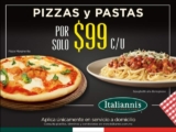 Promoción Italiannis: Pizzas y pastas a sólo $99 en servicio para llevar