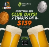 Club Days McCarthy’s: 2 tarros de 1 litro a $139 con la app