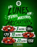 Promoción Lunes De Alitas McCarthy’s: 5 piezas de Alitas por $39.50 y más