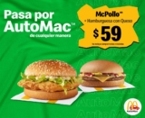 Cupón McDonalds de Hamburguesa Pollo McCrispy + hamburguesa con queso por $59
