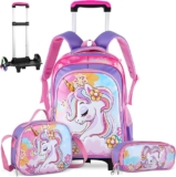 Conjunto de mochila con rueditas, lonchera y lapicero para niñas con diseño de unicornio baja de precio