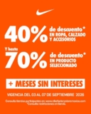 Hasta 70% de descuento + msi en Nike Factory Store al 7 de septiembre 2026