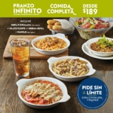 Pranzo infinito Olive Garden 2024: Plato fuerte + sopa o ensalada sin límite + bebida refill + panolis por $189