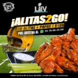 Promoción Perros y Burros Super Bowl: 30 alitas + papas por $199