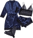 Set de pijama de encaje y satín con 4 piezas para mujer baja de precio