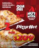 Hut Week Pizza Hut: 2 Quadrisimas por $209