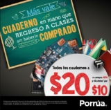 En Librerías Porrúa todos los cuadernos a $20 pesos o a $10 en compras a partir de $250