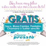 Promoción apertura Pressto Atana Lindavista: Servicio de tintorería GRATIS el sábado 19 de febrero