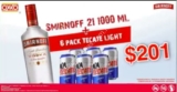 Promoción Oxxo Smirnoff: botella de 1 litro + six pack de Tecate por $201