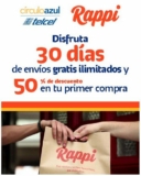 Códigos Rappi de 30 días de envíos gratis y 50% de descuento en tu primer compra cortesía de Telcel
