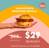 Promoción de la semana Sixties Burger: hamburguesa Bacon BBQ Sencilla de $85 a sólo $29