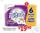En Soriana Mercado papel de baño Pétalo Ultra Jumbo 6 rollos a $19.90