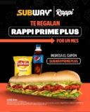 Cupón de Rappi Prime Plus gratis por 1 mes cortesía de Subway