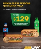 En Subway 2 combos + 2 galletas por $129