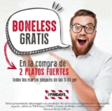 Promoción TGI Fridays: Boneless gratis en la compra de 2 platos fuertes los martes después de las 5:00 PM