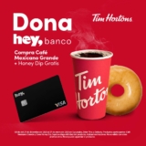 En Tim Hortons compra de un Café Mexicano grande y llévate una dona Honey Dip de regalo pagando con tarjeta Hey Banco