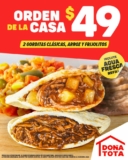 Promoción Doña Tota: 2 gorditas + arroz y frijoles + agua refill por $49