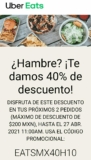 Código Uber Eats 40% de descuento en tus 2 pedidos siguientes