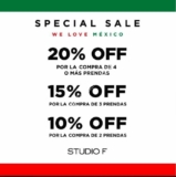 Venta Especial Mes Patrio Studio F: Hasta 20% de descuento dependiendo de las prendas que compres