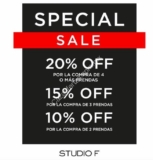 Venta especial Studio F: Hasta 20% de descuento dependiendo de las prendas que compres