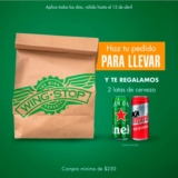 Promoción Wingstop de 2 cervezas Gratis en pedidos para llevar