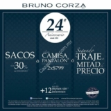Promociones 24 aniversario de Bruno Corza: 30% de descuento en sacos y trajes a 2X1 1/2