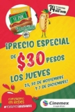 Promoción Cinemex Día del Hot Dog: hot dogs Nathans a $30 los jueves