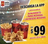 Cupón App McDonalds Super Bowl: 20 McNuggets + papas medianas + 2 refrescos por $99