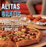 Promoción Dominos Pizza de alitas Gratis en la compra de 2 pizzas grandes + boneless