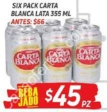 En HEB six pack de cerveza Carta Blanca lata a $45 pesos