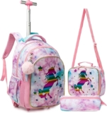 Mochila de rueditas para niña con diseño de unicronio, lonchera y lapicera baja a su menor precio