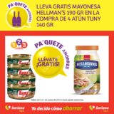 Paquete Ahorres Soriana: Mayonesa Hellmanns GRATIS en la compra de 4 atunes Tuny