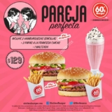 Promoción Sixties Burger pareja perfecta: 2 hamburguesas + 2 papas + malteada por $129 pesos